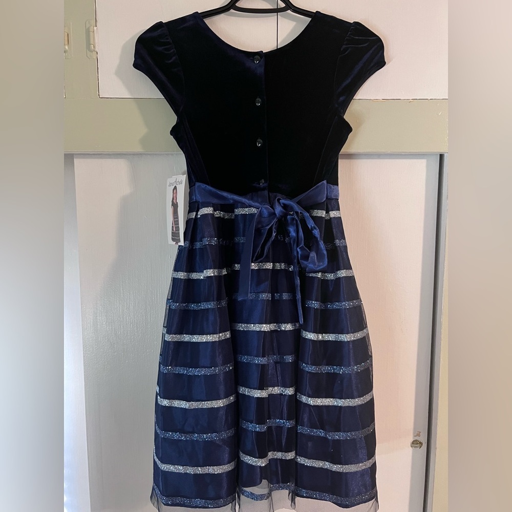 NWT Jona Michelle Girls Size 10 Holiday Dress - Blue with Silver Decor and Bow